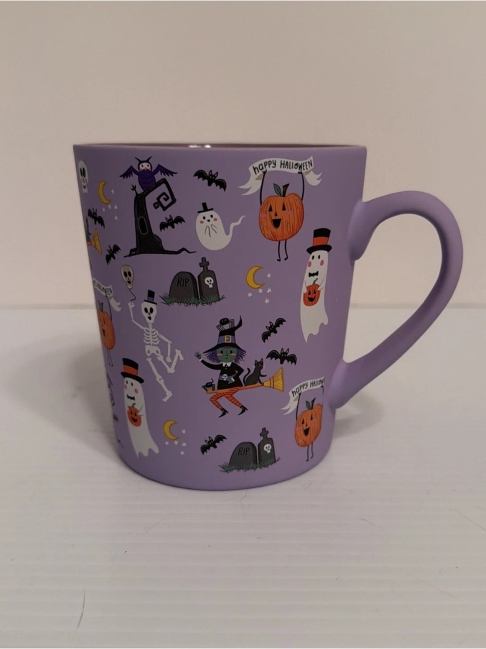 Fig & Fern Large Purple Matte Finish Happy Halloween Mug Skeletons Ghost Bats